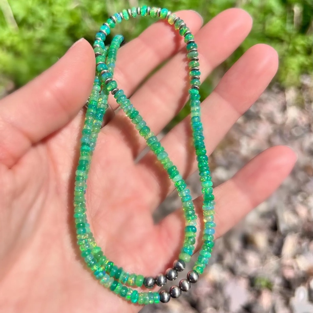 Stunning and Bright Greenish Blue Opal and Sterling Silver Beaded Necklace